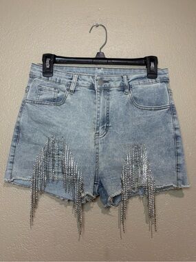 SHEIN Light Blue Rhinestone Fringe Denim Shorts